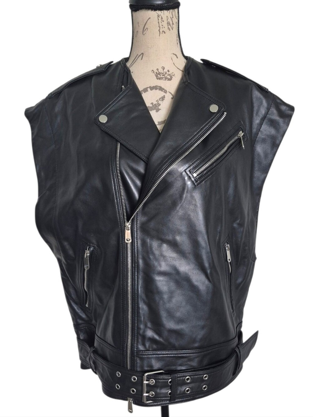 Zara 100% Sheepskin Genuine Soft Leather Black Moto Biker Vest XS-S Oversized